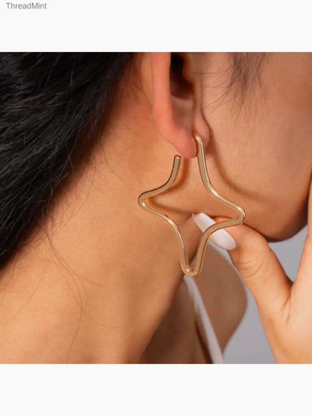 Silver Hollow Star Hoop Earrings Statement Lightweight Alloy Trendy Jewelry - Picture 3 of 7